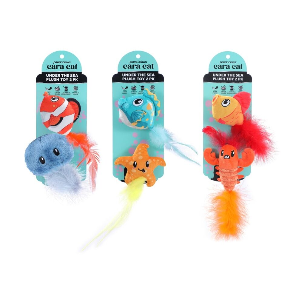 6x 2pc Paws And Claws Cara Pet Cat Sea Life Plush Toy Assorted 10x5x5cm