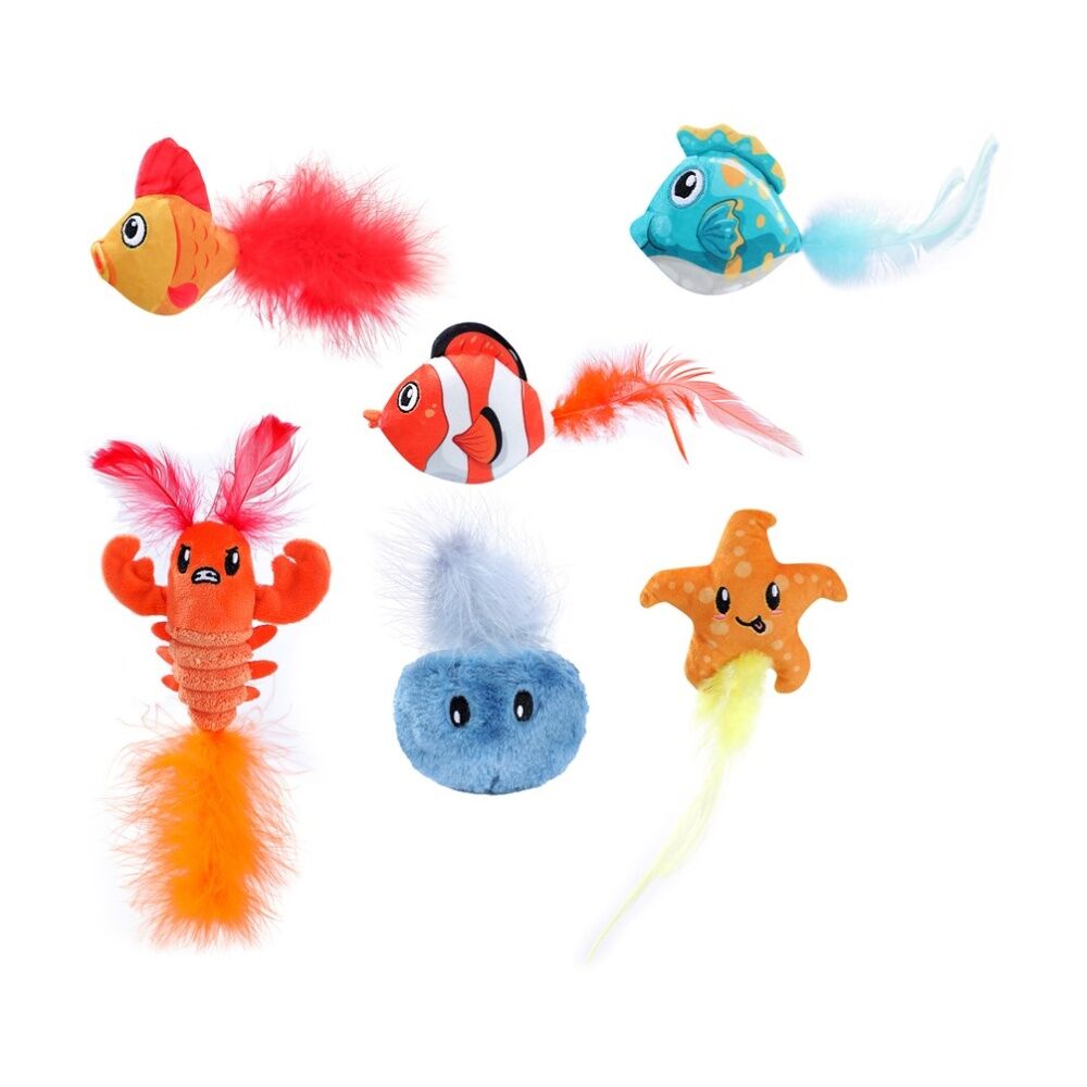 6x 2pc Paws And Claws Cara Pet Cat Sea Life Plush Toy Assorted 10x5x5cm