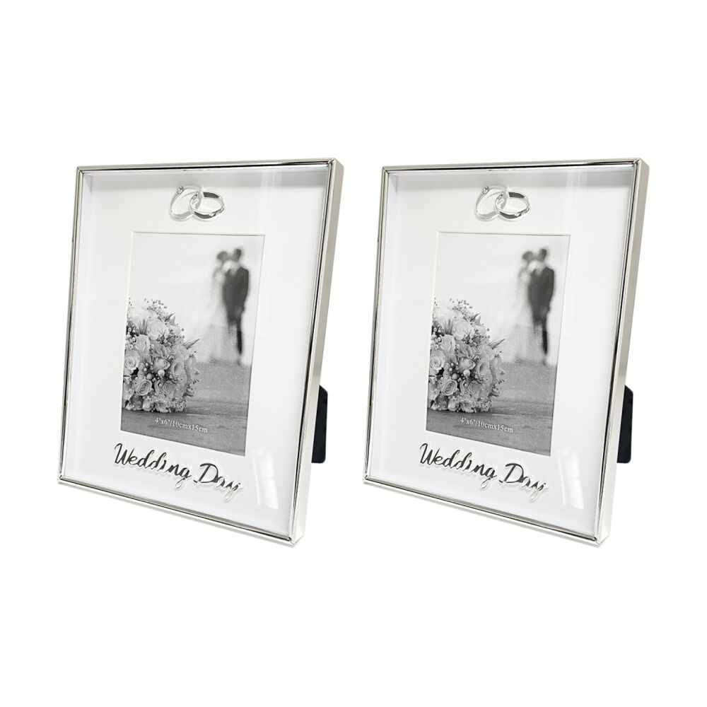 2PK Gibson Gifts Boxed Photo Frame Wedding Day 4x6 Silver MDF Metal Glass