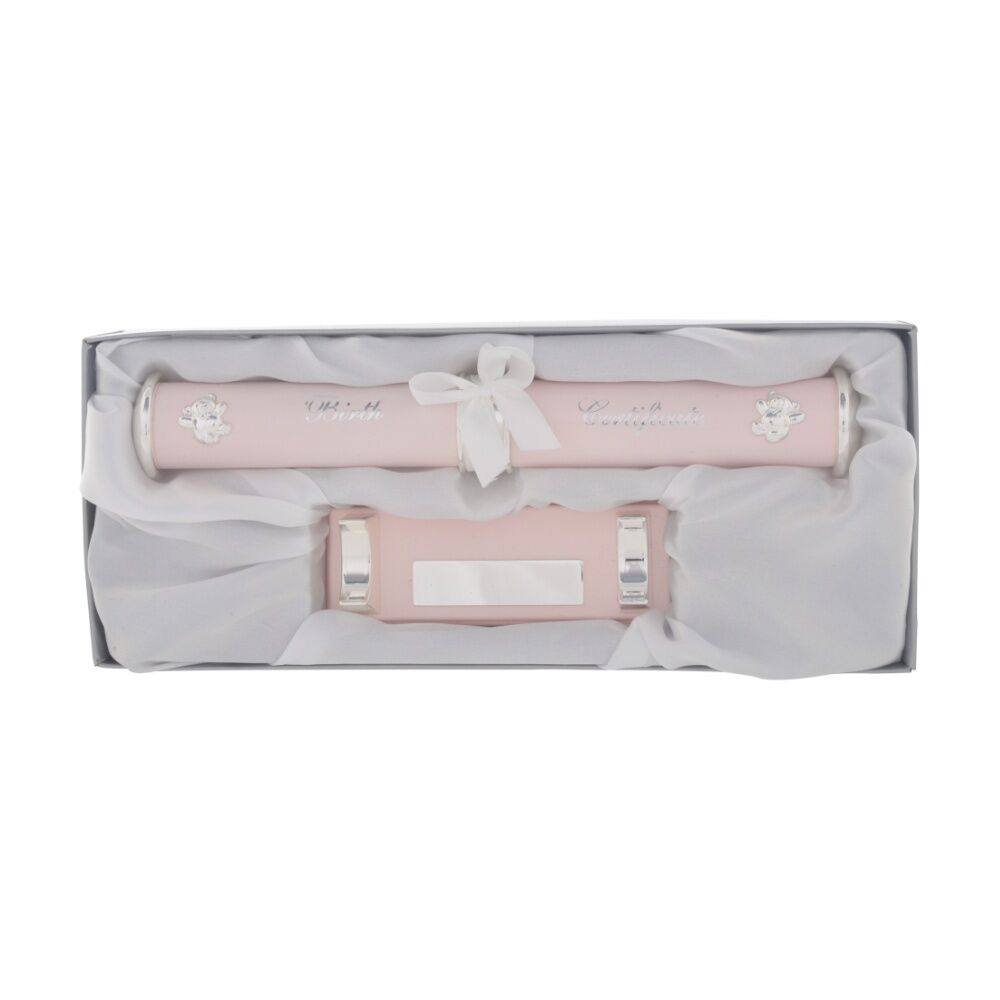 Gibson Gifts Birth Certificate Holder Blush Pink w/ Teddy Bear Design