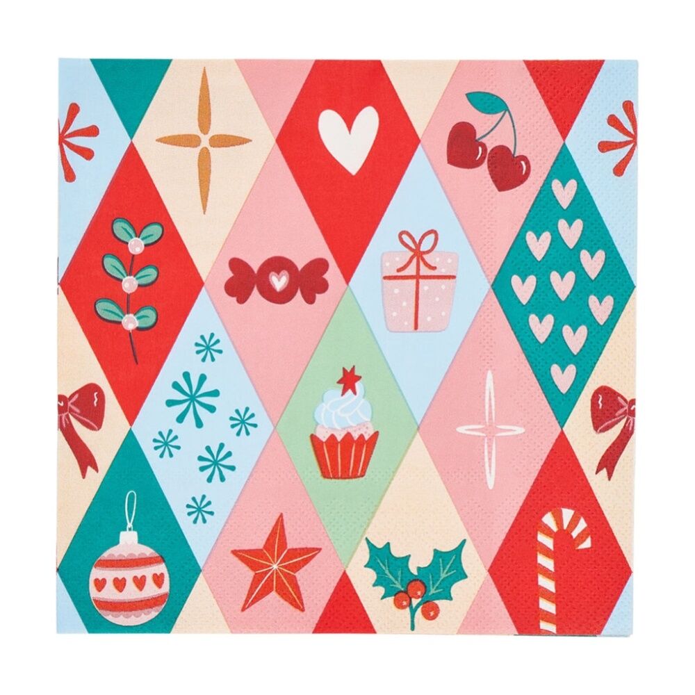 8x 20pc Annabel Trends Multicoloured Paper Napkins Christmas Harlequin 23.5x33cm