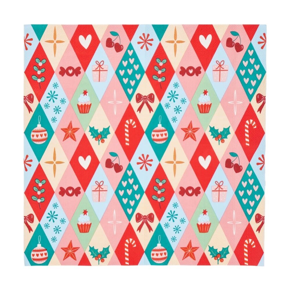 8x 20pc Annabel Trends Multicoloured Paper Napkins Christmas Harlequin 23.5x33cm