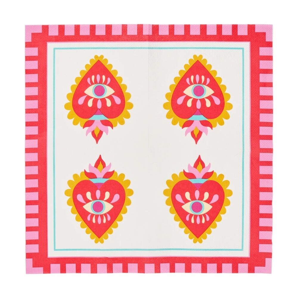 8x 20pc Annabel Trends Pink & Red Festive Paper Napkins Fiesta Heart 23.5x33cm