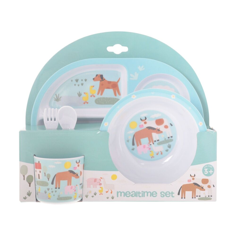 Gibson Gifts Farm Blue Kids Meal Dinner Set Melamine Plate Bowl Cup Cutlery