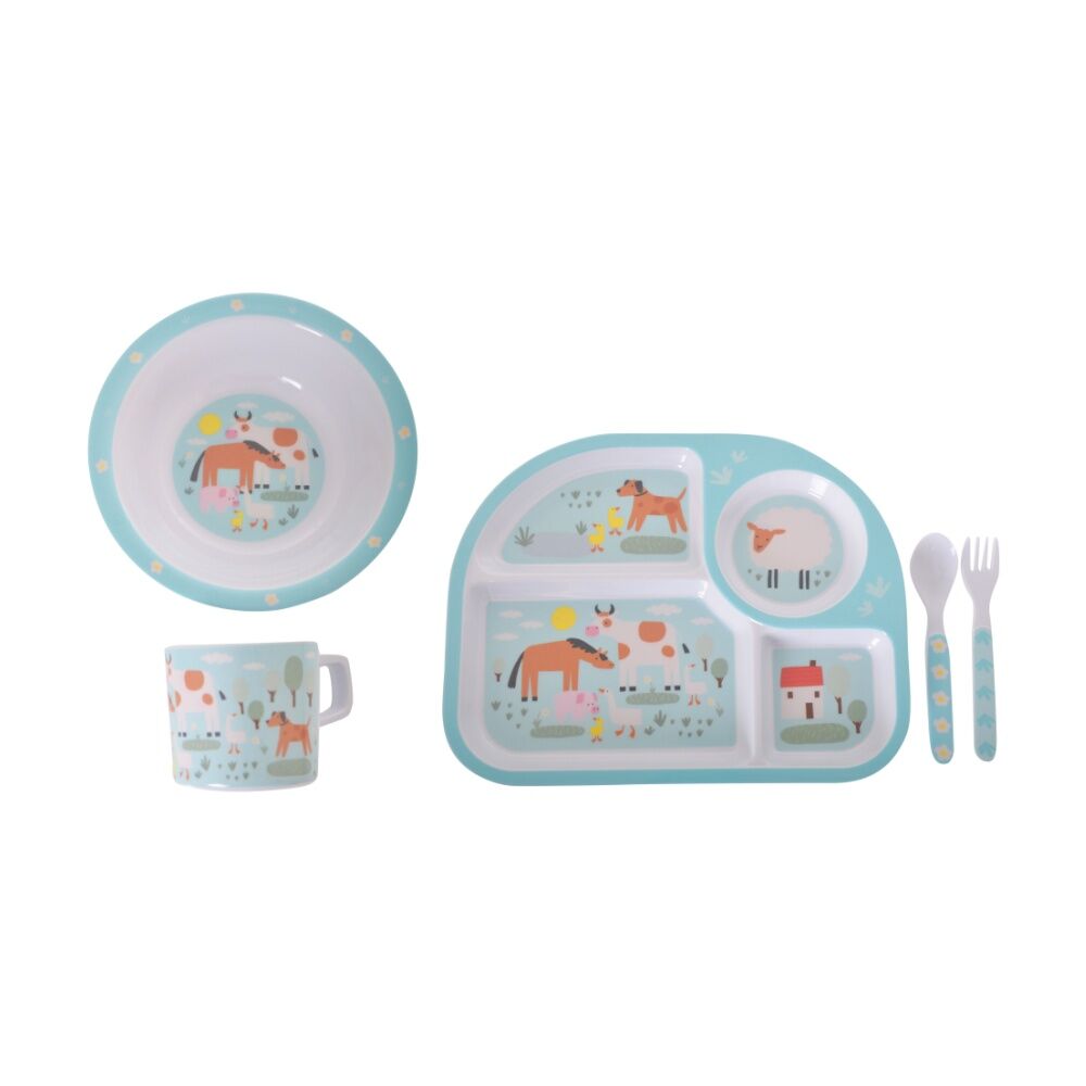 Gibson Gifts Farm Blue Kids Meal Dinner Set Melamine Plate Bowl Cup Cutlery