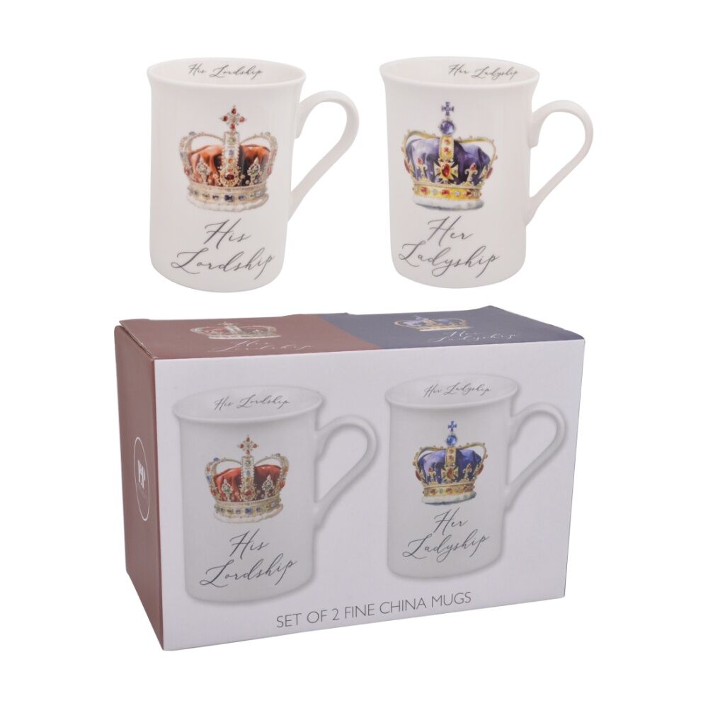 2pc Lesser & Pavey Lordship LadyshipWhite Fine China Coffee Mug Set