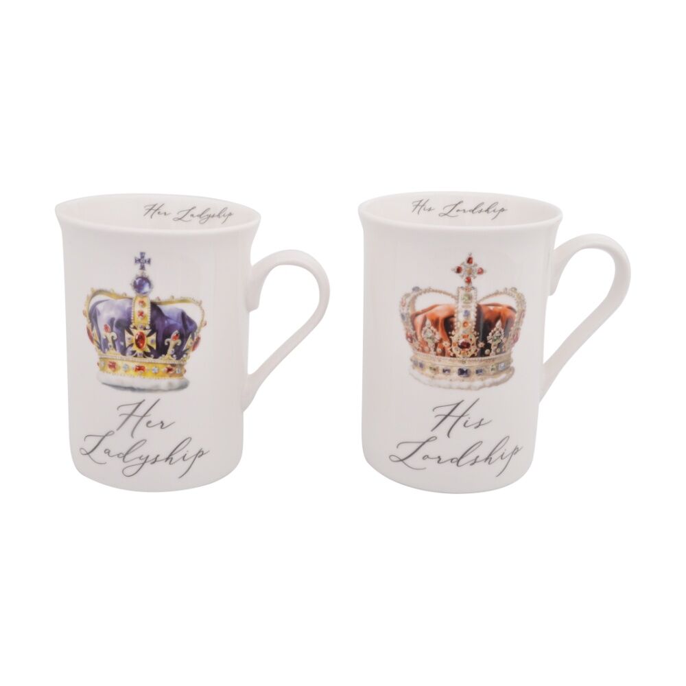 2pc Lesser & Pavey Lordship LadyshipWhite Fine China Coffee Mug Set