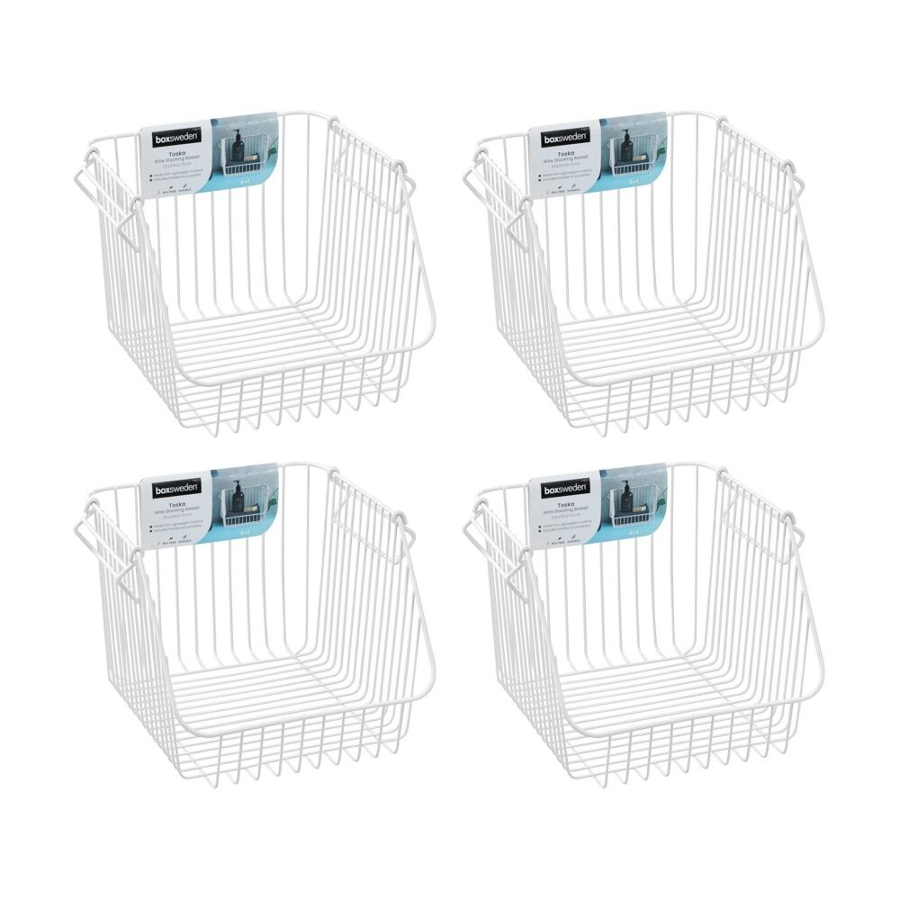 4x Boxsweden Toska Wire Durable Stacking Basket Storage 30x29x21.5cm White