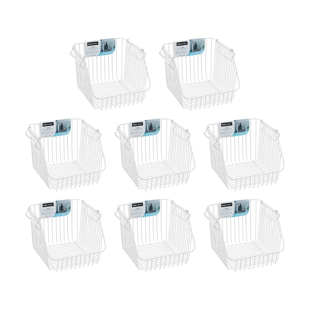8PK Boxsweden Toska Wire Durable Stacking Basket Storage 30x29x21.5cm White
