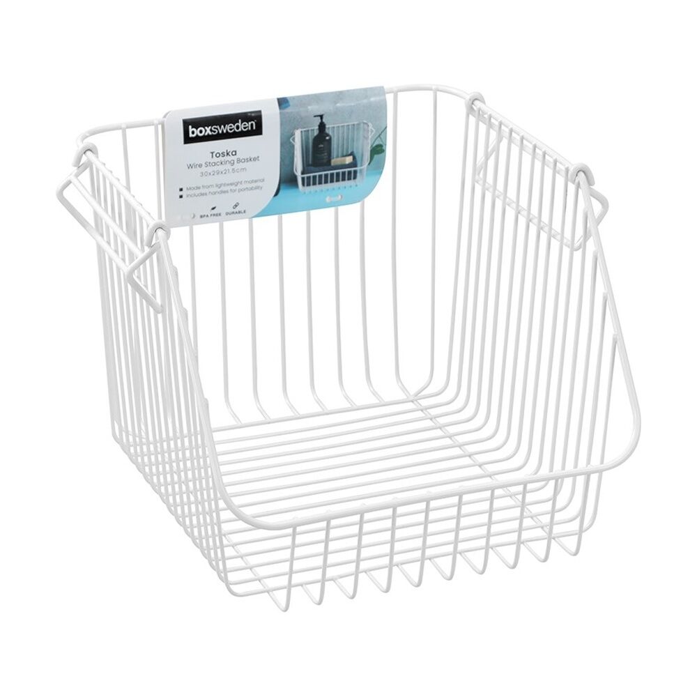 8PK Boxsweden Toska Wire Durable Stacking Basket Storage 30x29x21.5cm White