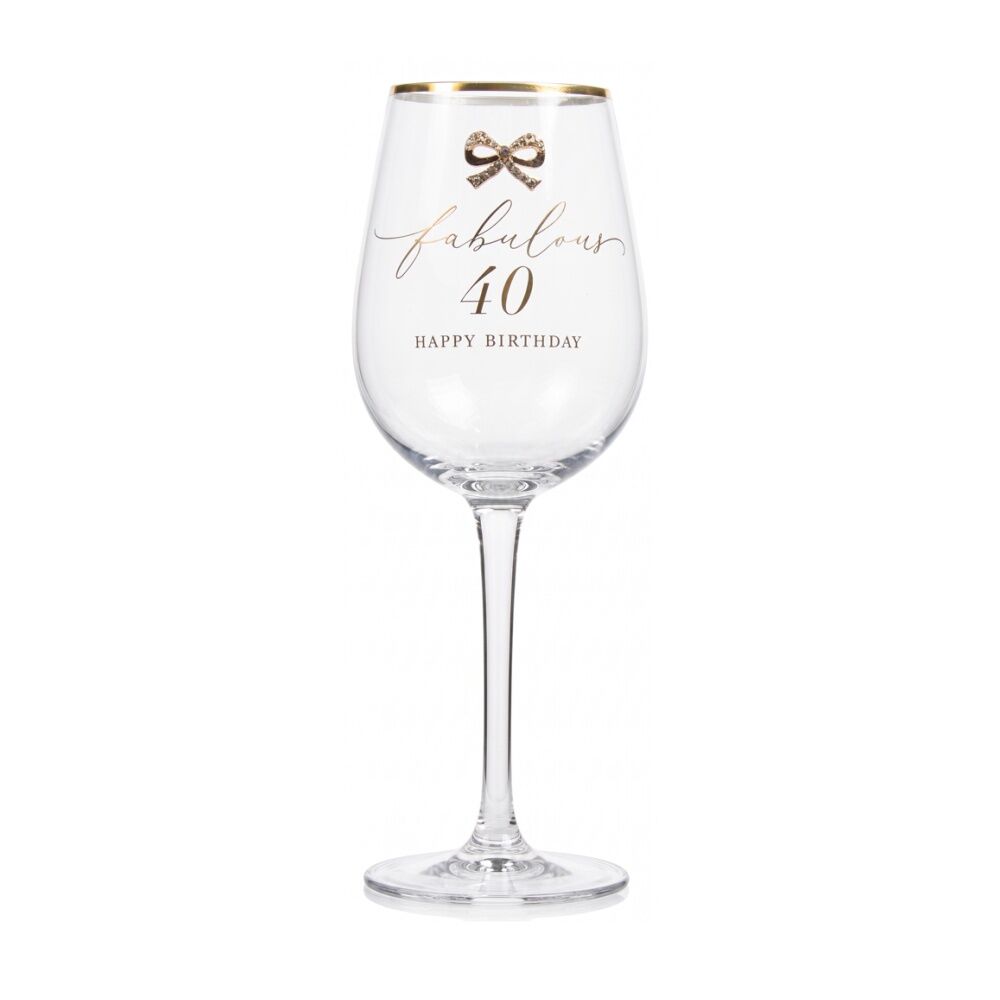 Madelaine 40th Script Bow Champagne/Red Wine Glass Stemmed Clear Gold