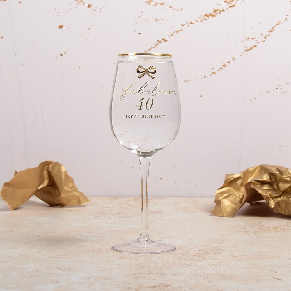 Madelaine 40th Script Bow Champagne/Red Wine Glass Stemmed Clear Gold
