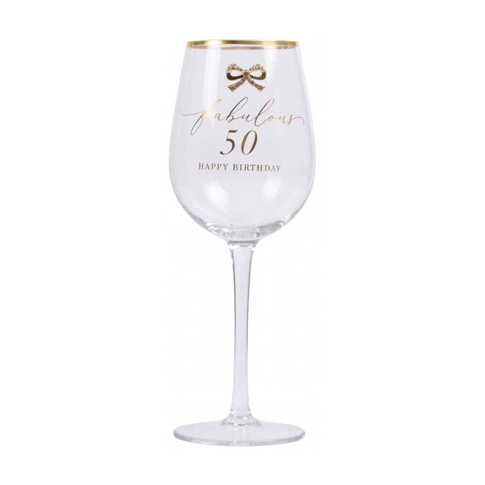 Madelaine 50th Script Bow Champagne/Red Wine Glass Stemmed Clear Gold