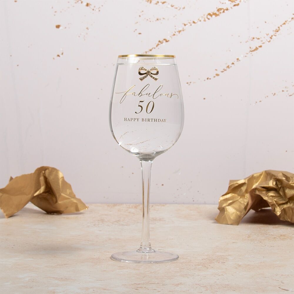 Madelaine 50th Script Bow Champagne/Red Wine Glass Stemmed Clear Gold