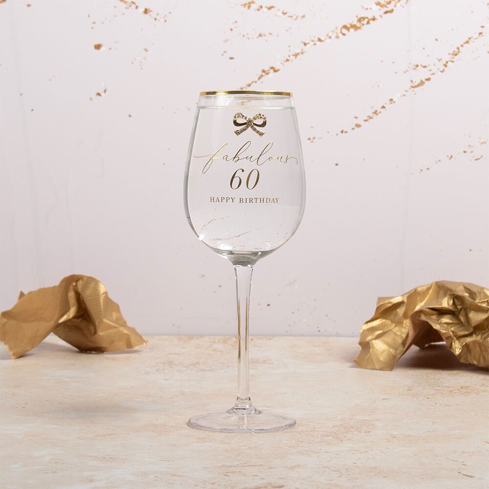 Madelaine 60th Script Bow Champagne/Red Wine Glass Stemmed Clear Gold