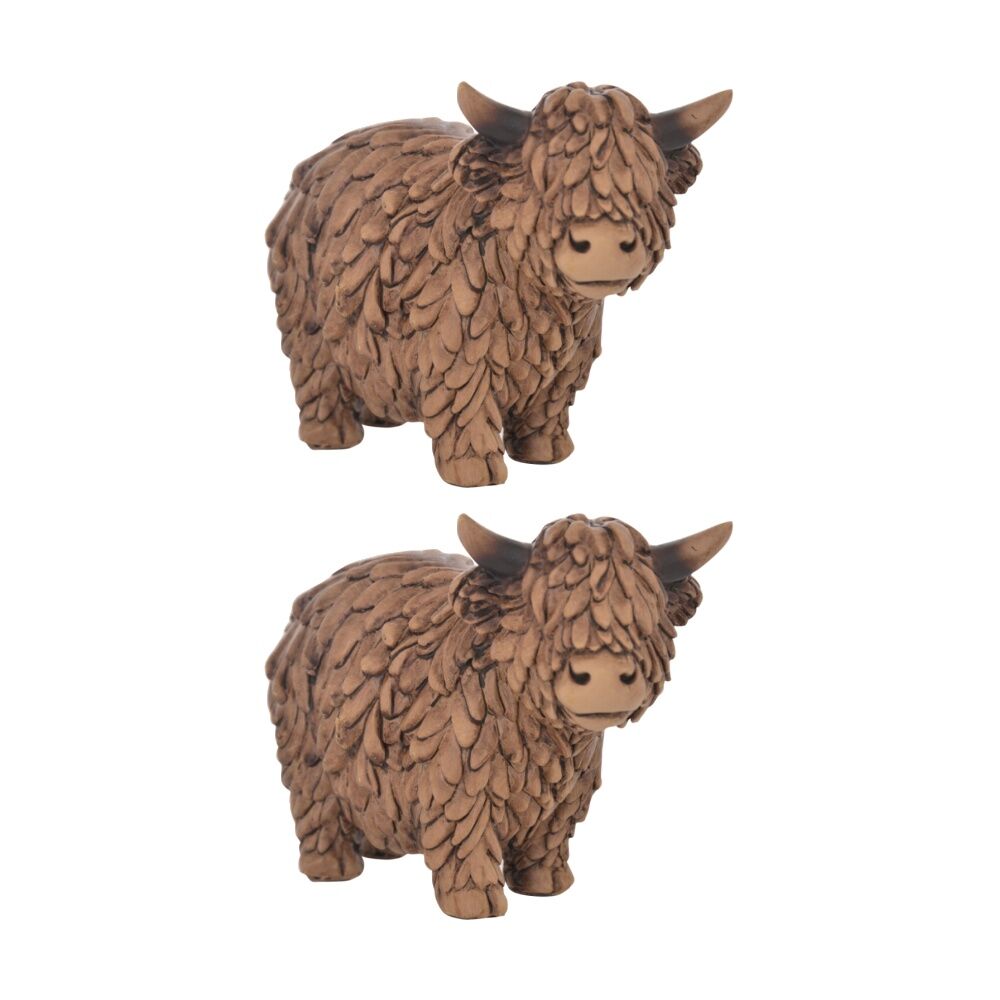 2PK Gibson Gifts Hughie Highland Cow Small Figurine Brown Polyresin