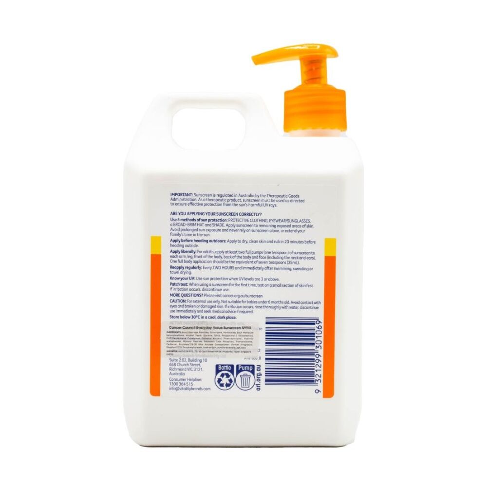 Cancer Council Everyday Value Sun Protection Sunscreen SPF50 Plus W/ Pump 1L