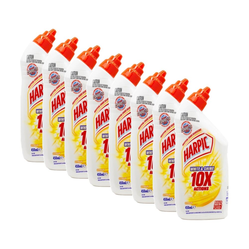 8PK Harpic White Shine Bleach Toilet Cleaner Kills 99.9 Percent 450ml Gel Citrus