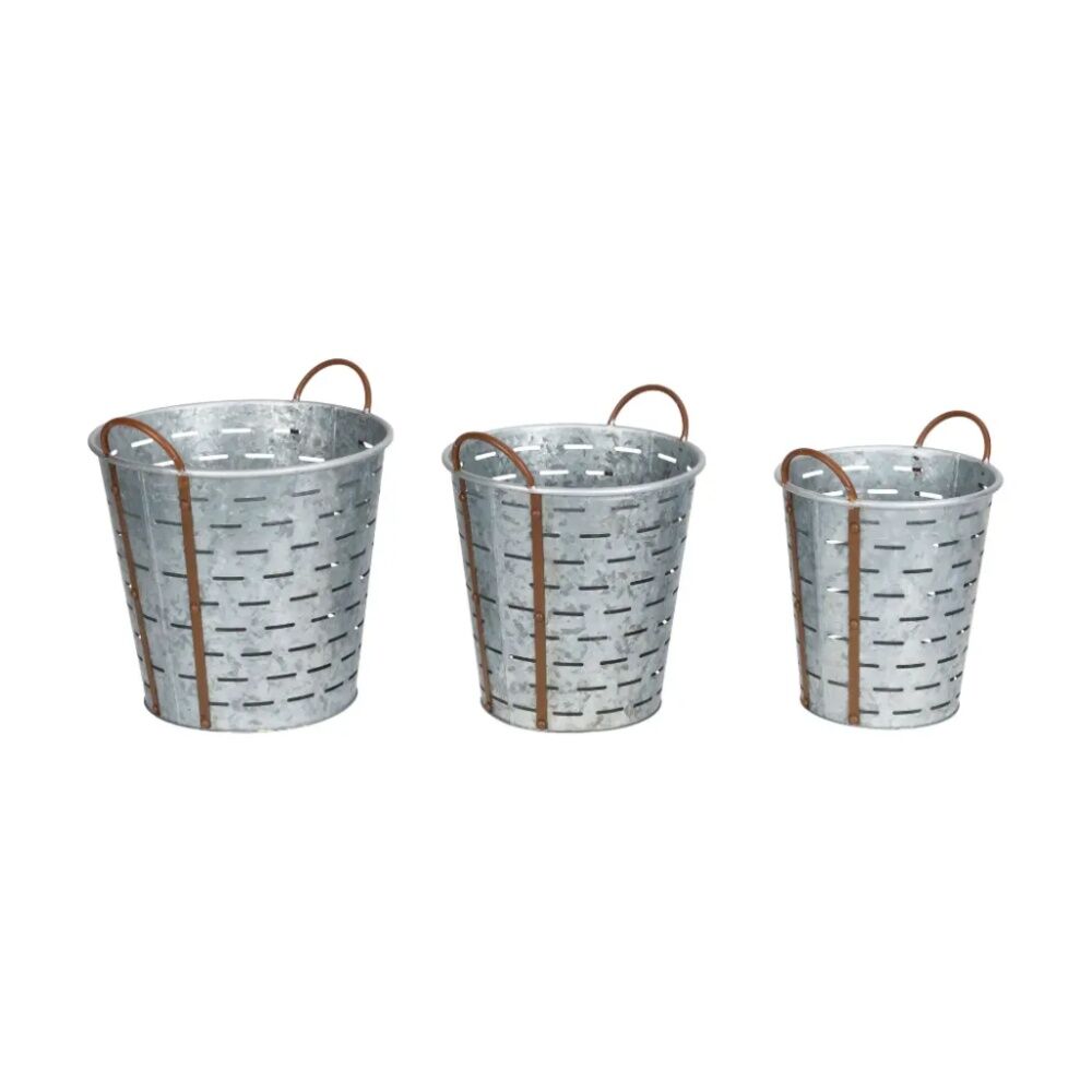 3pc Olive Metal Decorative Plant Pots Set Indoor Outdoor