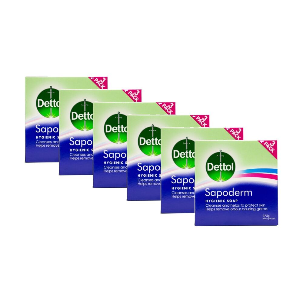 6x 3pc Dettol Hygenic & Odour-Removing Sapoderm Skin Cleansing Soap Bar Set 375g