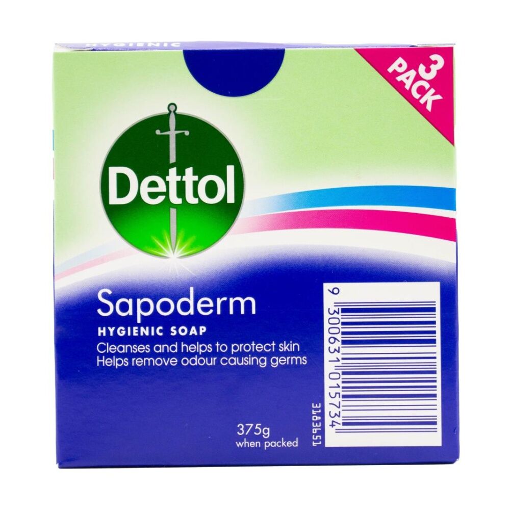 6x 3pc Dettol Hygenic & Odour-Removing Sapoderm Skin Cleansing Soap Bar Set 375g