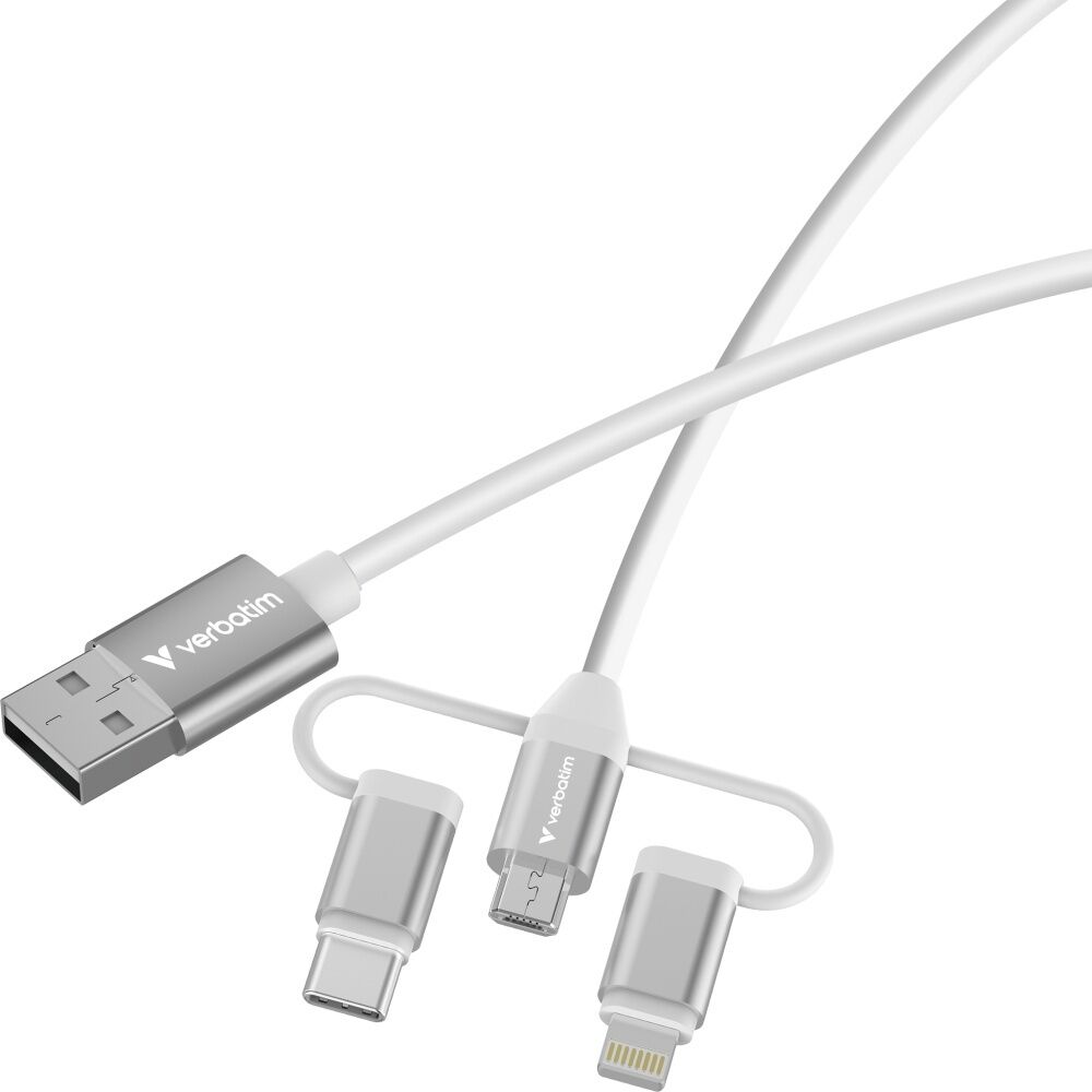2PK Verbatim Essential 3-in-1 Sync & Charge Cable USB-A to Micro-B USB-C White