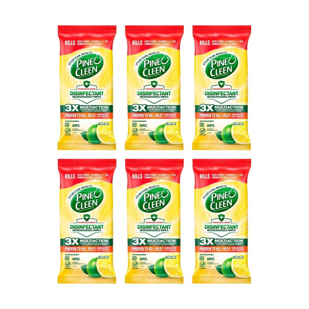 6x 60pc Pine O Cleen Disinfectant Wipes Set Biodegradable Lemon Lime Scent