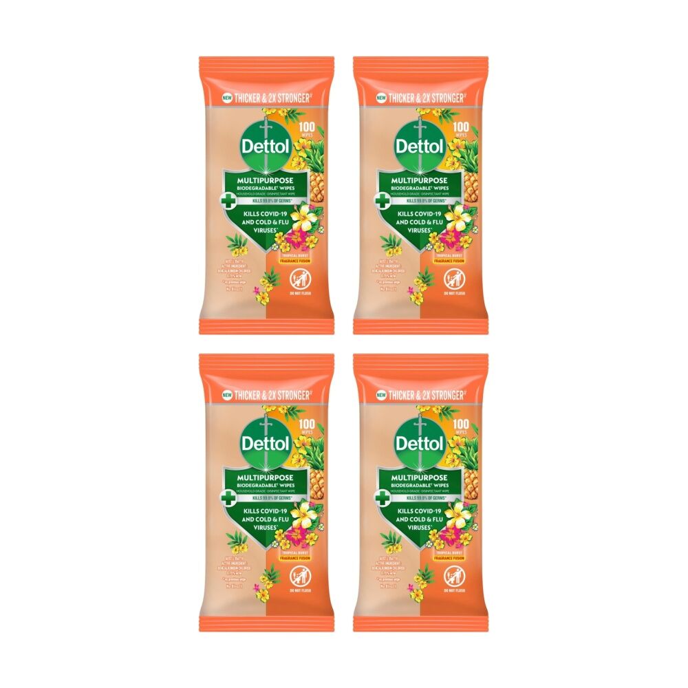 4x 100pc Dettol Wipes Multipurpose Thicker And 2x Stronger Tropical Burst