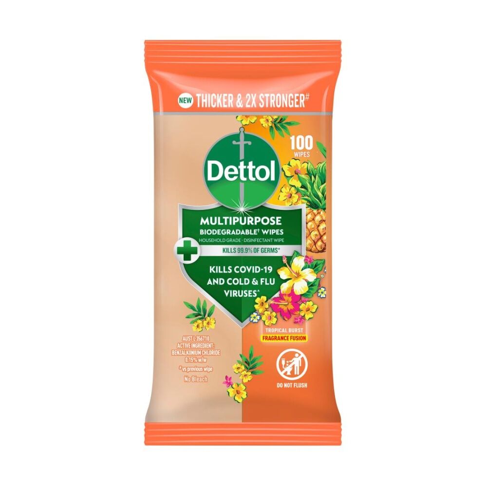 4x 100pc Dettol Wipes Multipurpose Thicker And 2x Stronger Tropical Burst