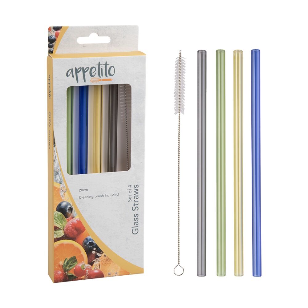 3x 4pc Appetito Borosilicate Glass Straw Set Straight 20cm Multi-Coloured