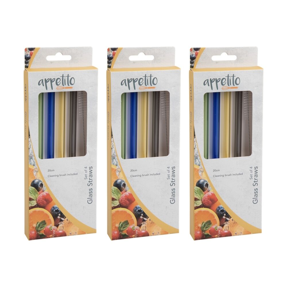3x 4pc Appetito Borosilicate Glass Straw Set Straight 20cm Multi-Coloured