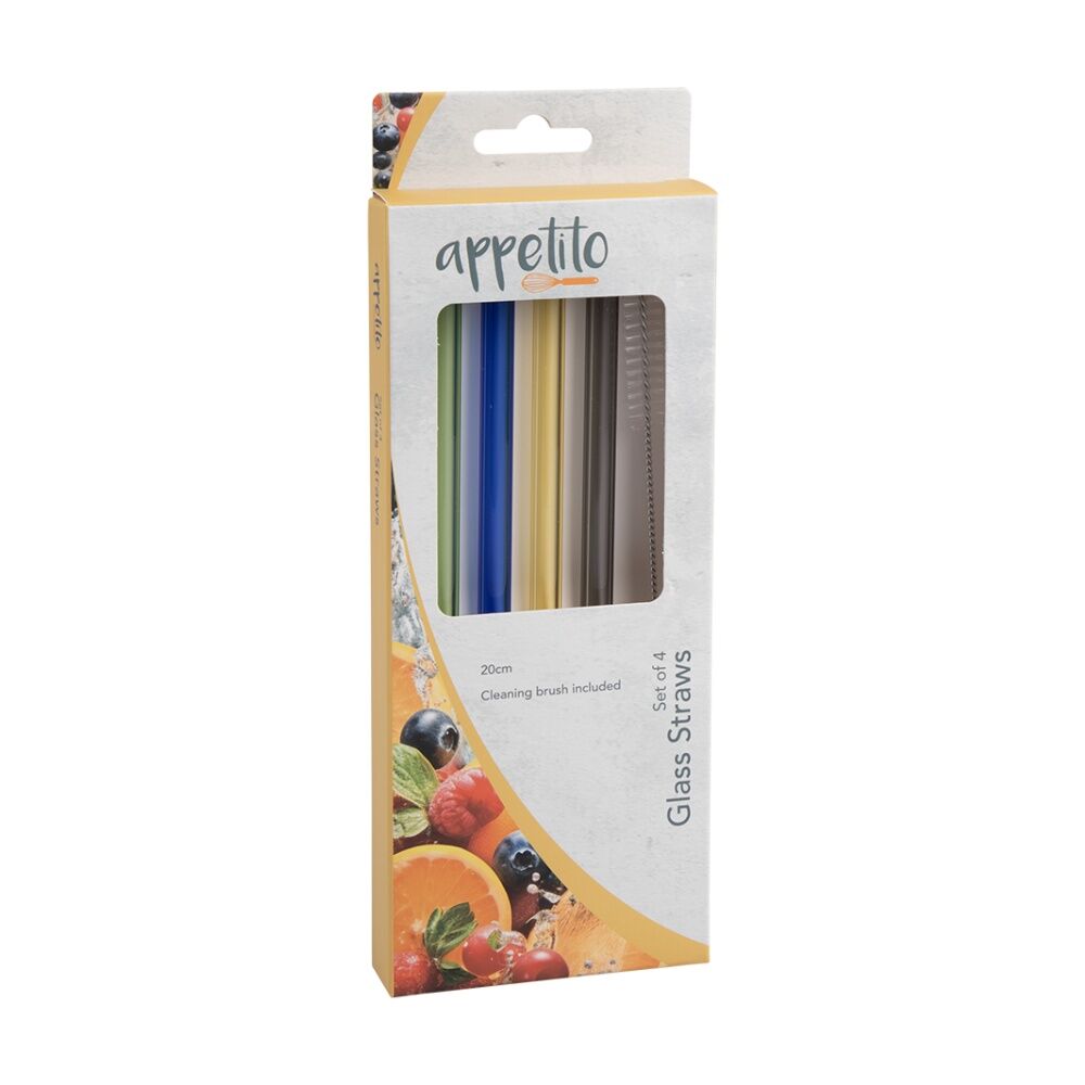 3x 4pc Appetito Borosilicate Glass Straw Set Straight 20cm Multi-Coloured