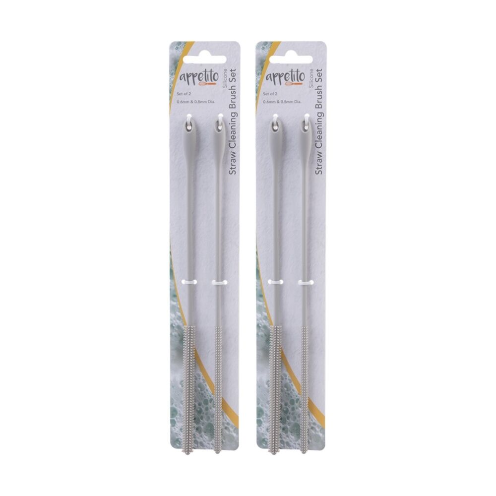 2x 2pc Appetito Silicone Straw Cleaning Brush Set 0.6mm & 0.8mm Light Grey