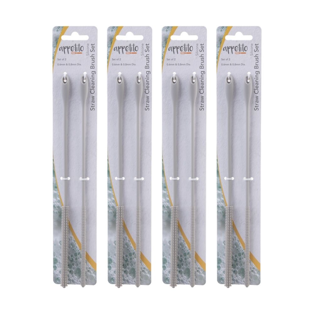 4x 2pc Appetito Silicone Straw Cleaning Brush Set 0.6mm & 0.8mm Light Grey