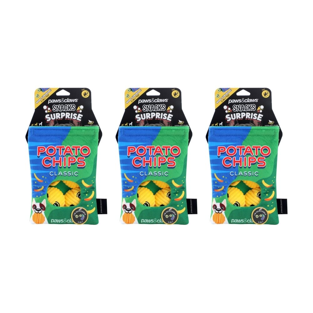 3x Paws And Claws Snack Surprise Potato Chips Plush Dog Pet Toy 20x14.5x5cm