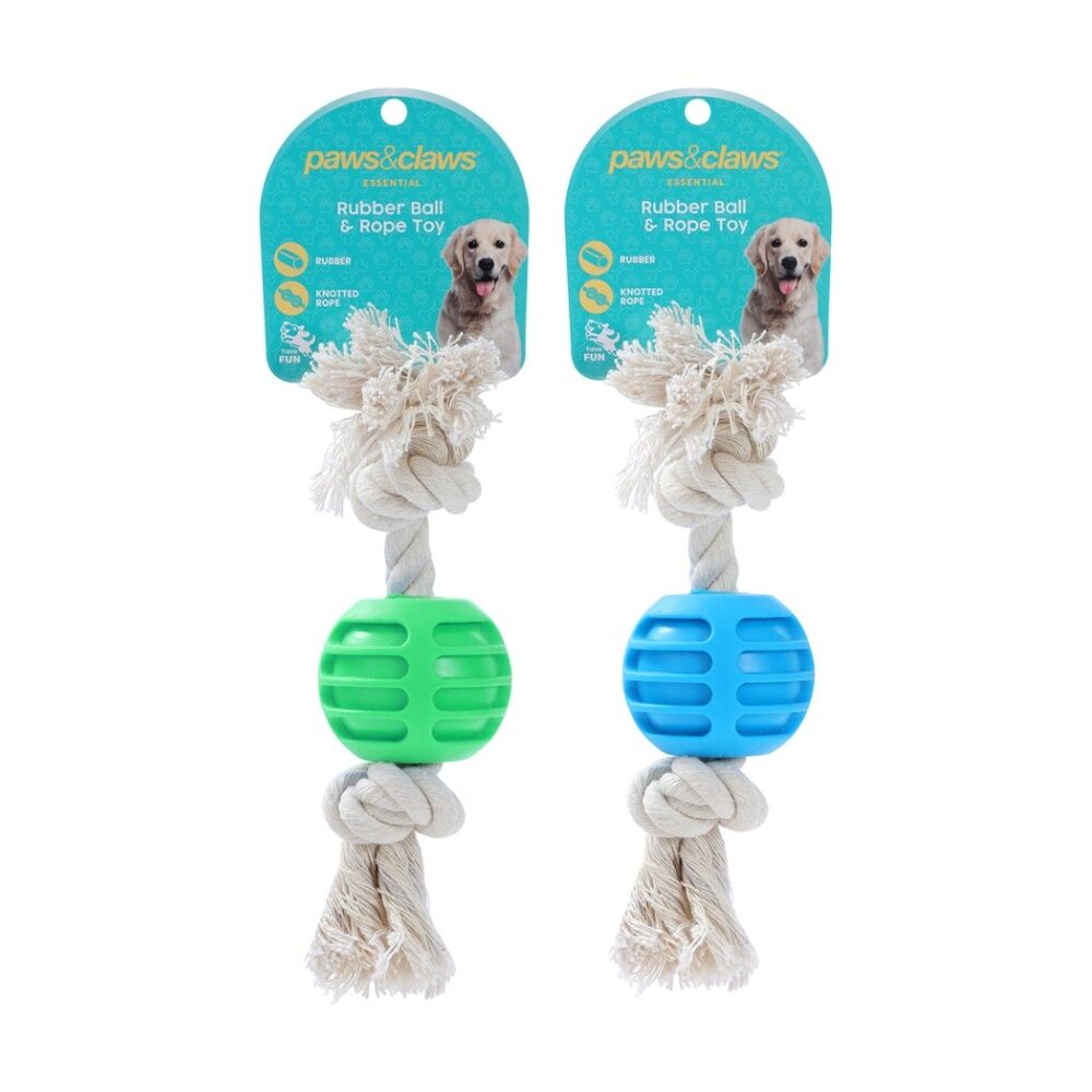 12x Paws And Claws TPR Ball & Rope Dog Pet Chew Toy 22x6x1.5cm Assorted