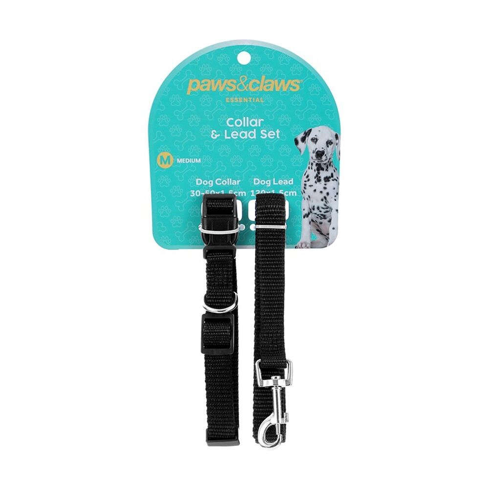 6x Paws And Claws Essentials Dog Collar & Lead Set Medium 30-50cm 120x1.5cm Asstd