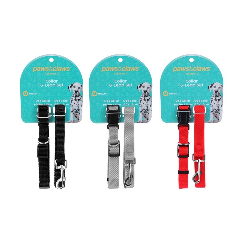 6x Paws And Claws Essentials Dog Collar & Lead Set Medium 30-50cm 120x1.5cm Asstd