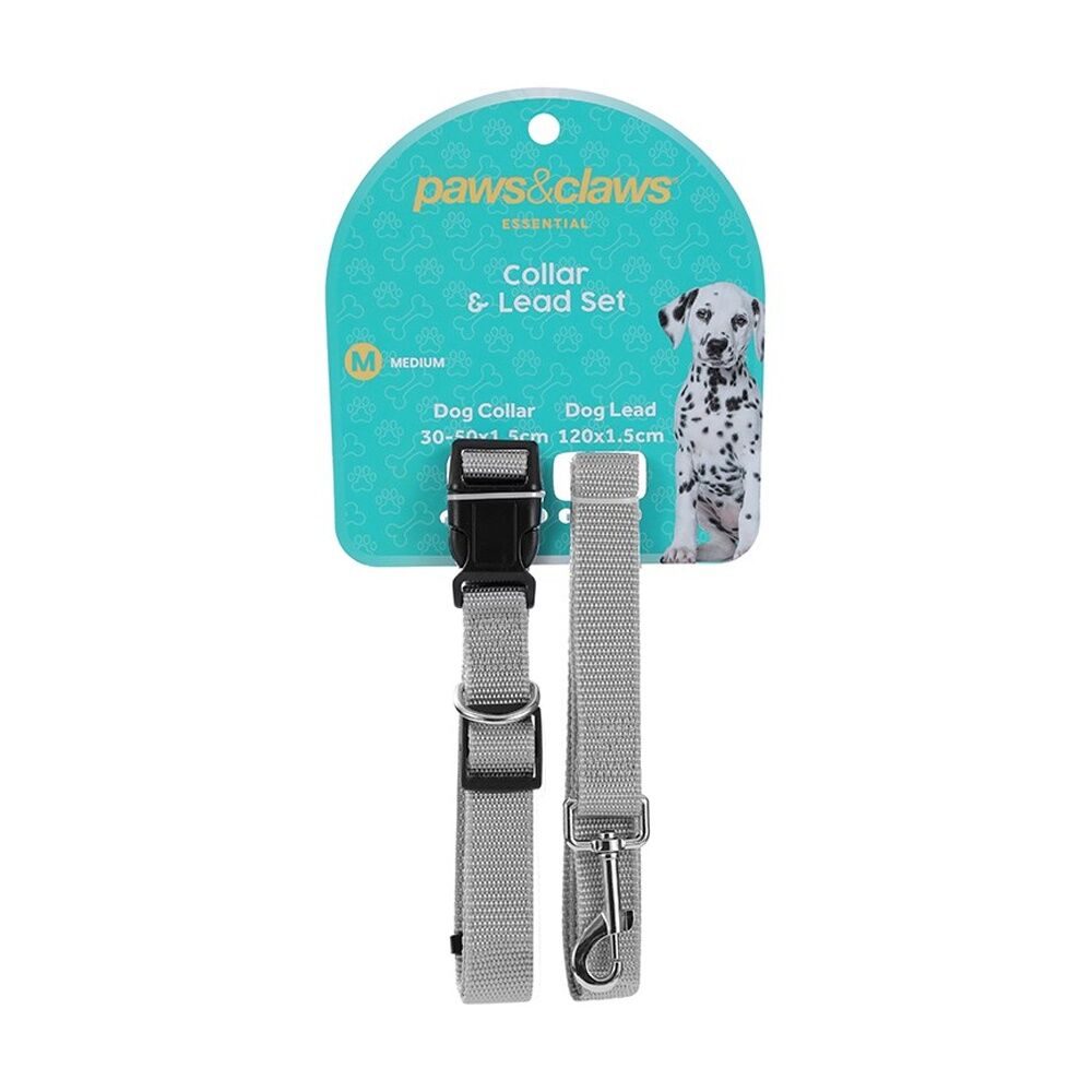 6x Paws And Claws Essentials Dog Collar & Lead Set Medium 30-50cm 120x1.5cm Asstd