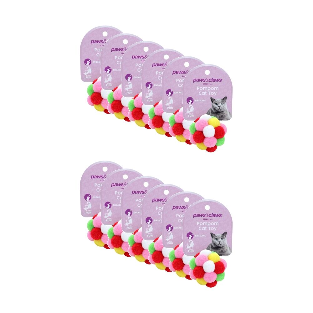 12x Paws And Claws Pompom Interactive Soft Felt Cat Pet Play Toy 6cm Multicoloured