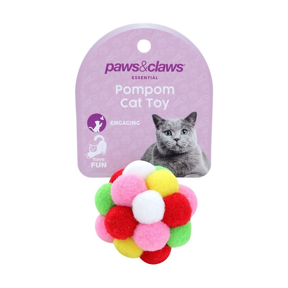 12x Paws And Claws Pompom Interactive Soft Felt Cat Pet Play Toy 6cm Multicoloured