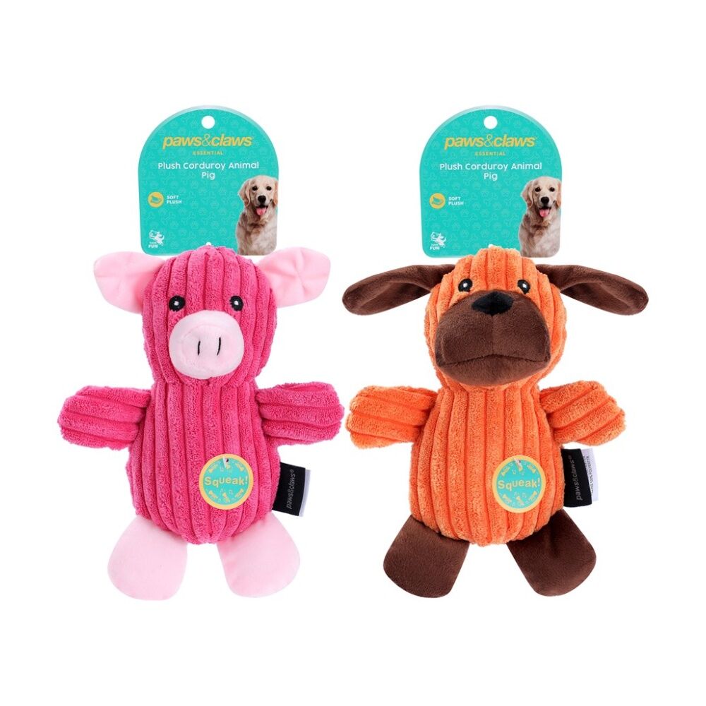 12x Paws And Claws Plush Corduroy Animals Pet Dog Chew/Cuddle Squeaker Toy Assorted