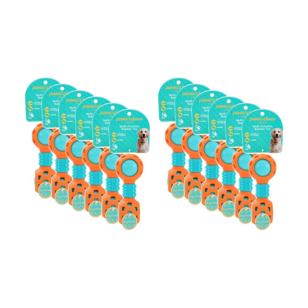 12x Paws And Claws Multi-Function Dumbell Pet Dog Chew Toy W/ Squeaky Ball Assorted