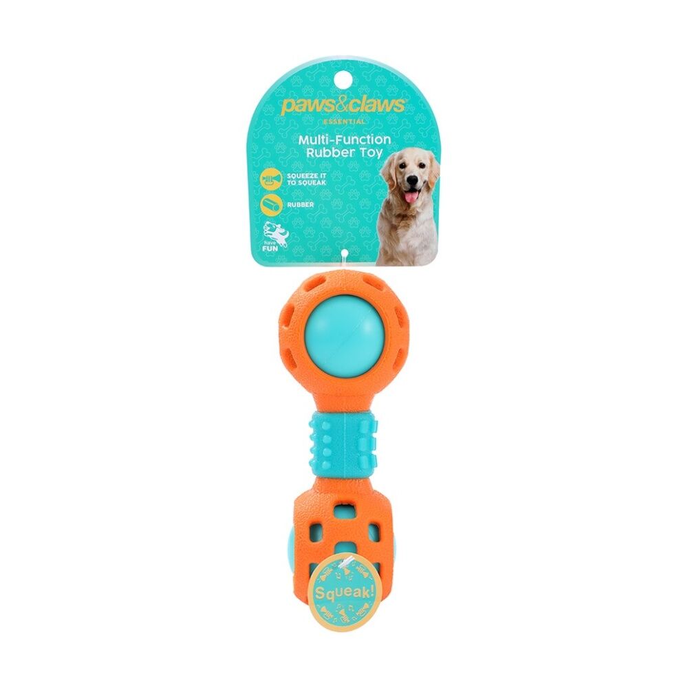 12x Paws And Claws Multi-Function Dumbell Pet Dog Chew Toy W/ Squeaky Ball Assorted