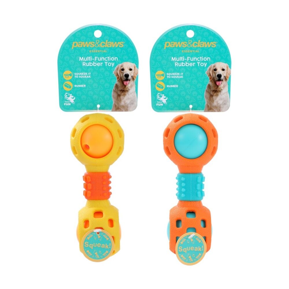 12x Paws And Claws Multi-Function Dumbell Pet Dog Chew Toy W/ Squeaky Ball Assorted