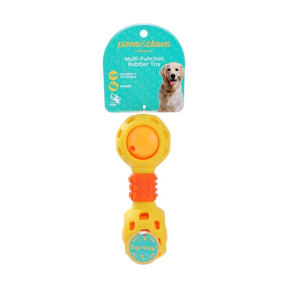 12x Paws And Claws Multi-Function Dumbell Pet Dog Chew Toy W/ Squeaky Ball Assorted