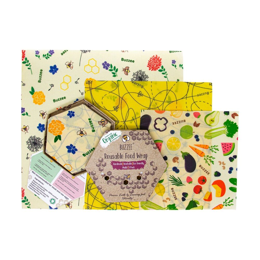 3pc Buzzee Reusable Organic Beeswax Wraps Kitchen Accessory Assorted Designs