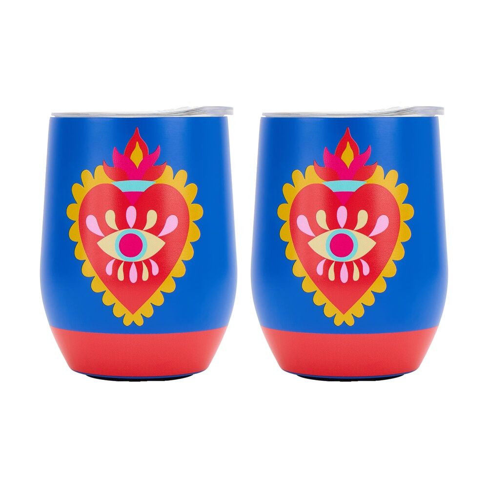 2PK Annabel Trends Drink Tumbler Double Walled Blue & Red Fiesta Heart 350ml