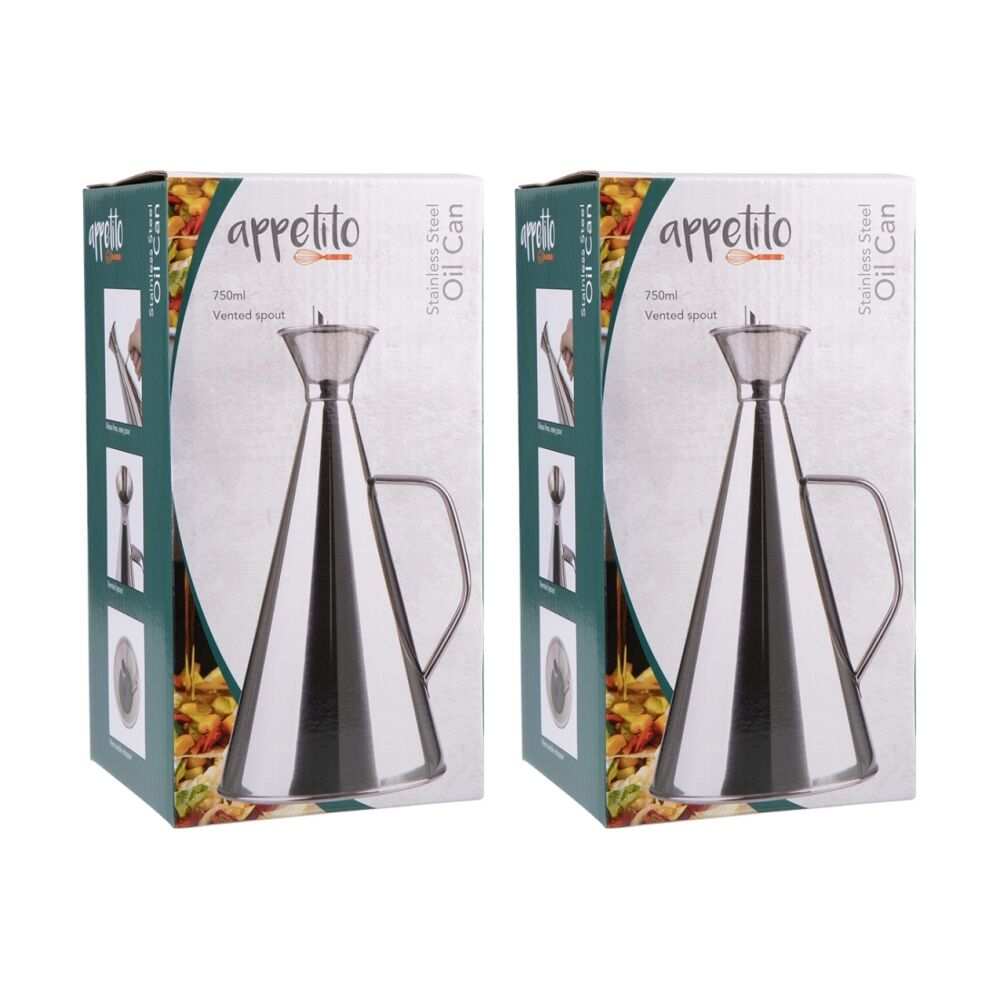 2PK Appetito Durable Stainless Steel Oil Can W/ Vented Spout 750ml
