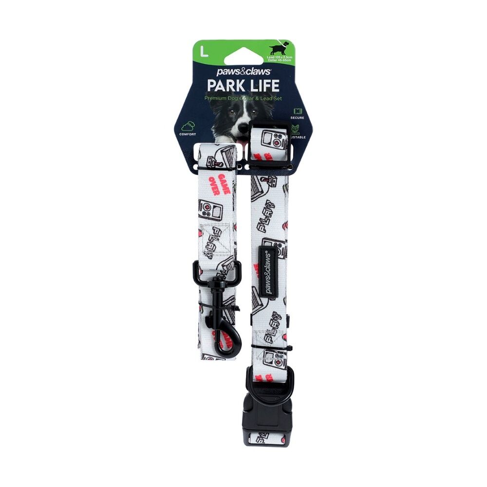 6x Paws And Claws Park Life Dog Collar & Lead Set Large 45-65cm 120x2.5cm Assorted